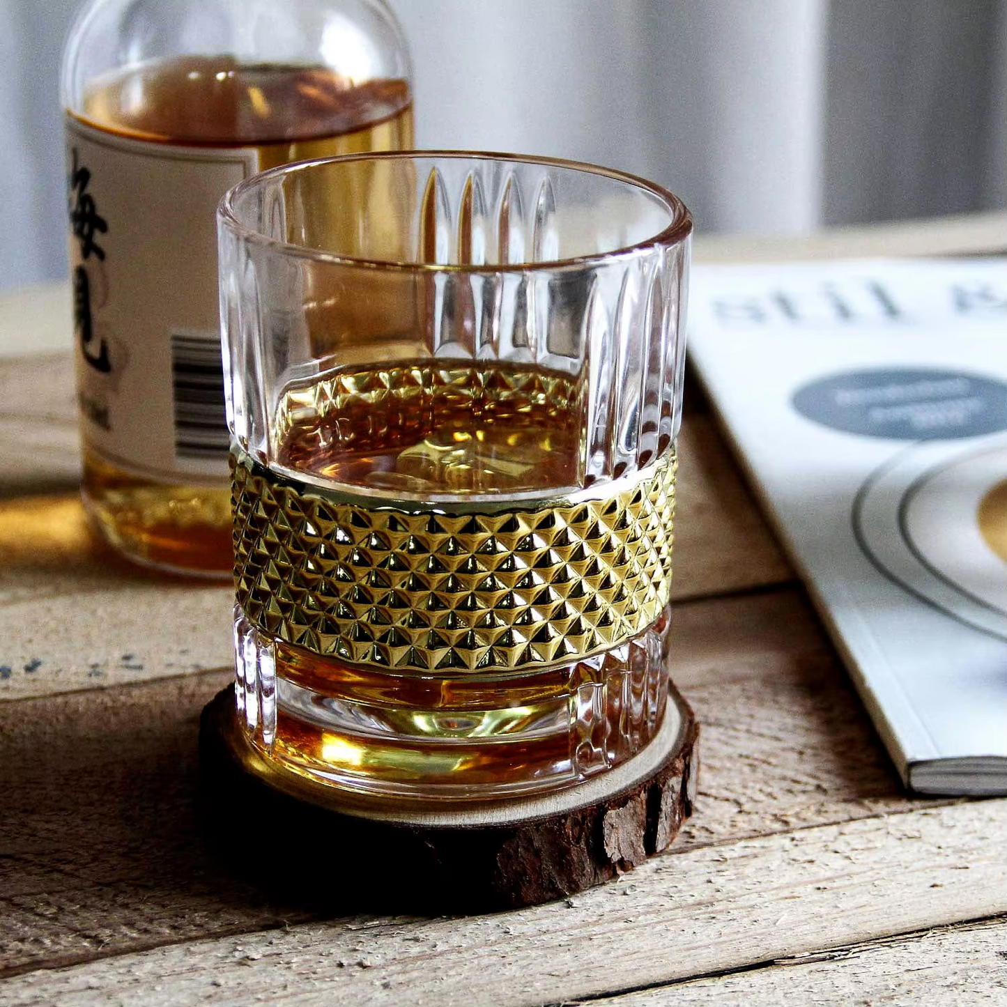 Old Fashion Diamond Whisky Glasses Handmade Gold Rotating Whiskey Glass Cup